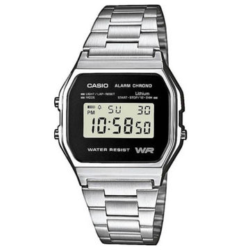 Ρολόι Casio Vintage Iconic A-158WEA-1EF με ασημί μπρασελέ και ψηφιακή ένδειξη.